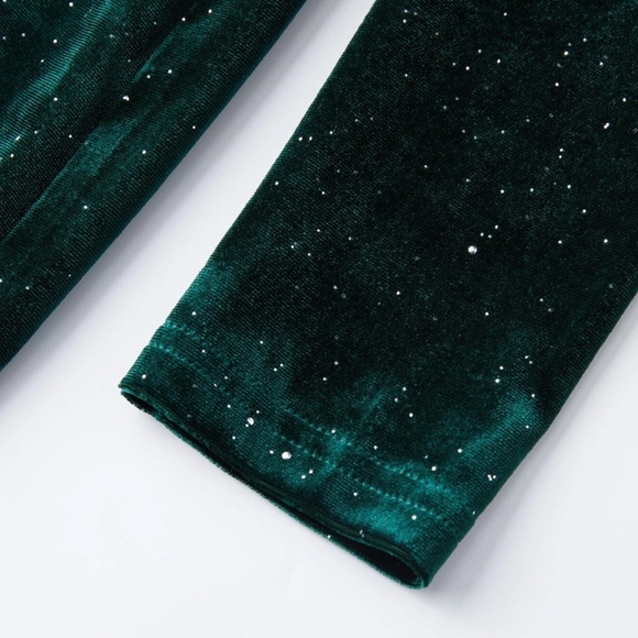 Sparkly Deep Green Velvet Deep V High Slit Midi Dress Long Sleeve - Picture 11 of 16